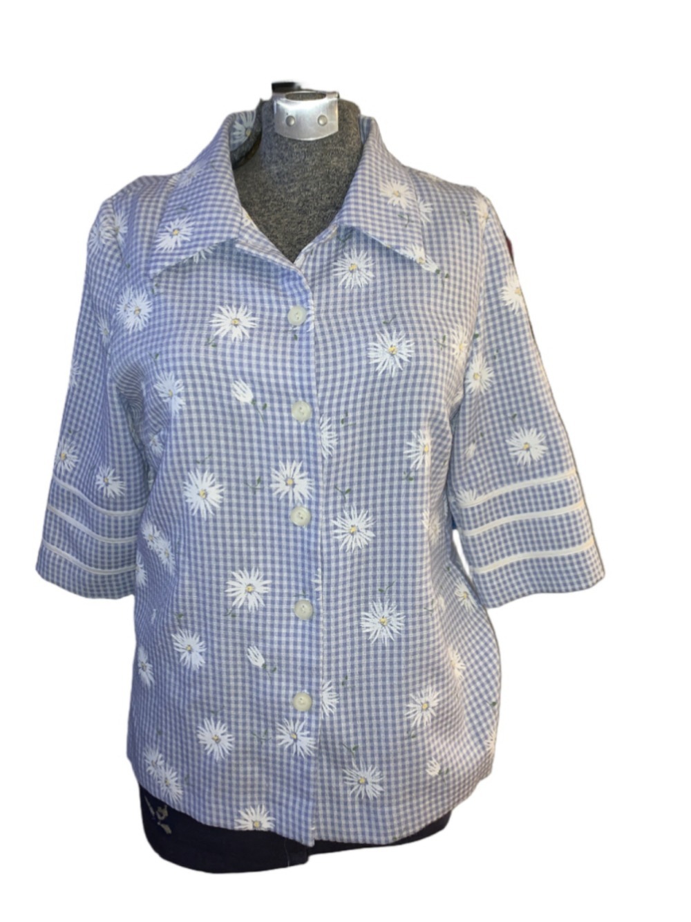 Women's SOFT WORKS Blue & White Gingham Daisy Button Down Shirt, Size 12